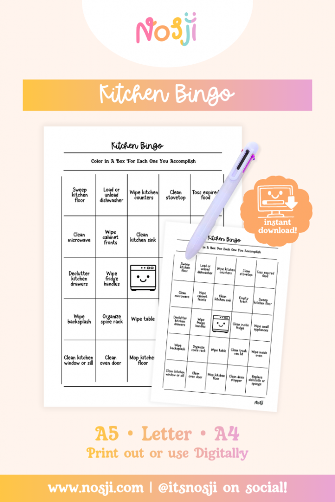 Kitchen bingo printable with a 5x5 grid of kitchen cleaning tasks and a free space in the center.