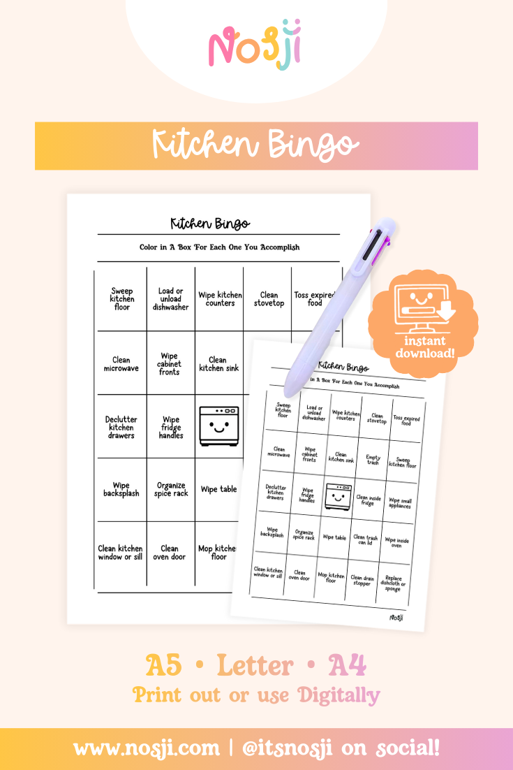 Kitchen bingo printable with a 5x5 grid of kitchen cleaning tasks and a free space in the center.