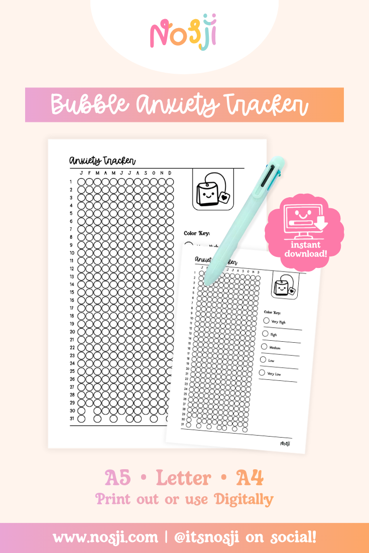 Bubble anxiety tracker printable with circular daily markers, month-labeled columns, and an anxiety level key on the side.
