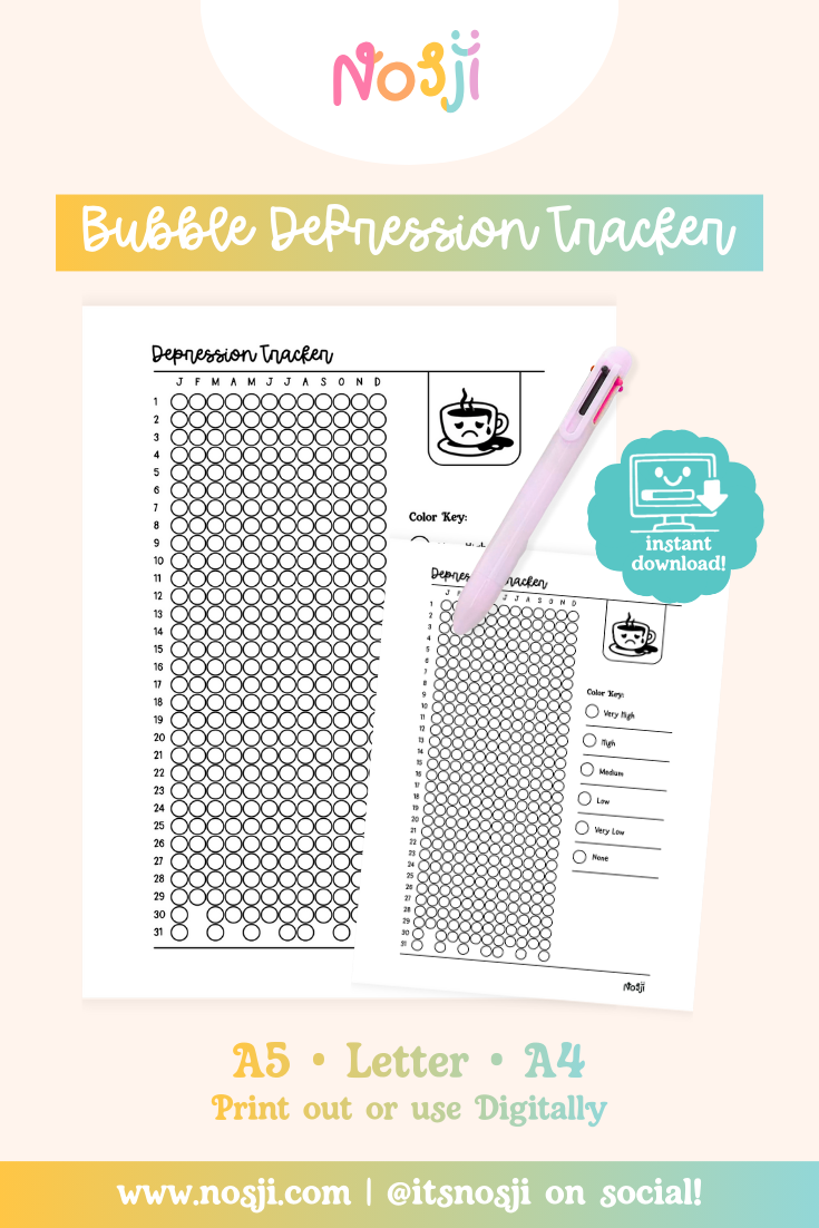 Bubble depression tracker printable with circular daily markers, month-labeled columns, and a depression level key on the side.