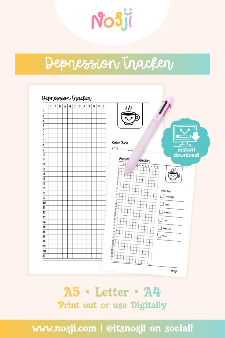Depression tracker printable with a numbered daily grid, month-labeled columns, and a depression level key on the side.