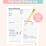 Dog treat baking log with recipe details, ingredients, instructions, and dog's response rating section