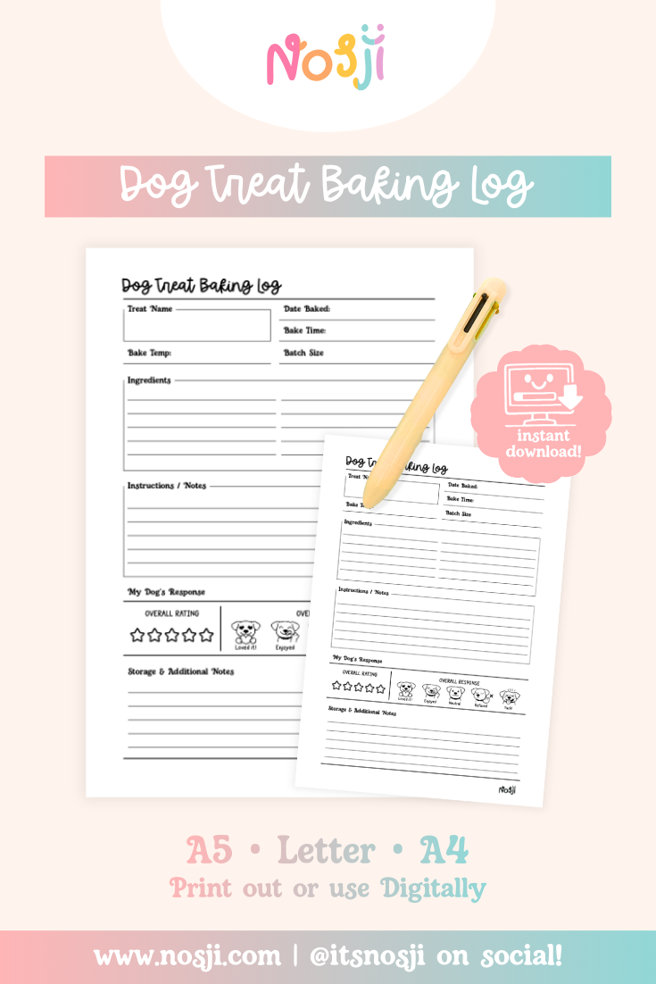 Dog treat baking log with recipe details, ingredients, instructions, and dog's response rating section