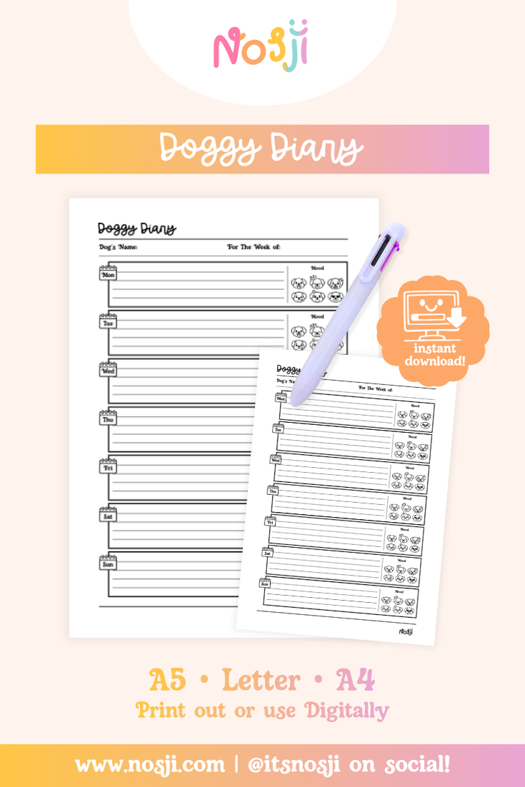 Doggy diary with weekly sections for daily notes and mood tracking icons for each day