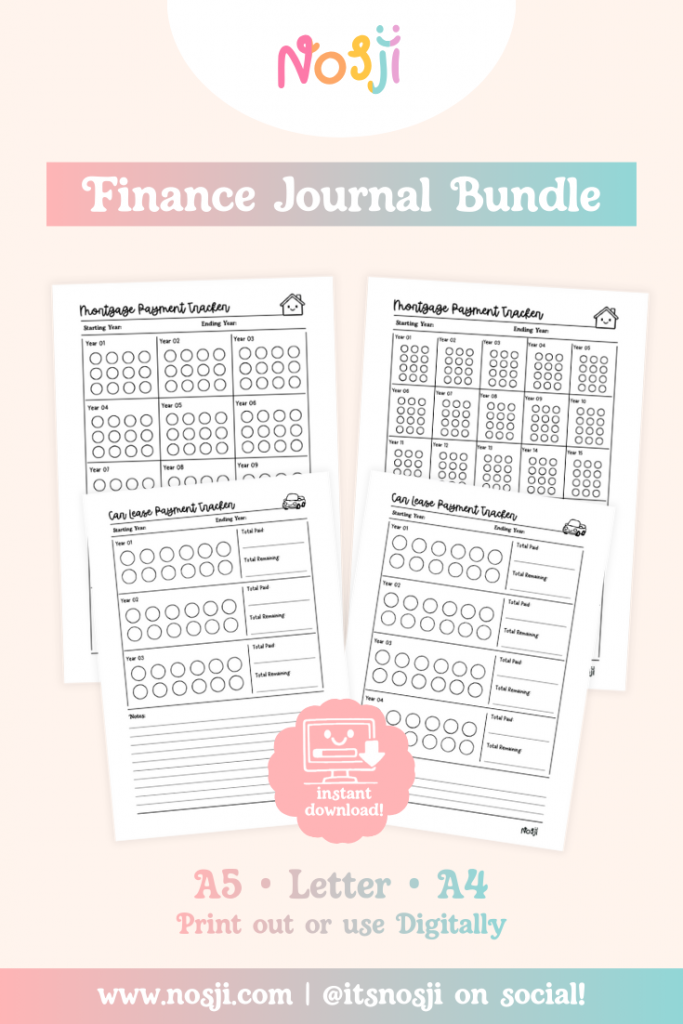 Finance journal bundle with mortgage and car lease payment tracking pages for long-term financial goals
