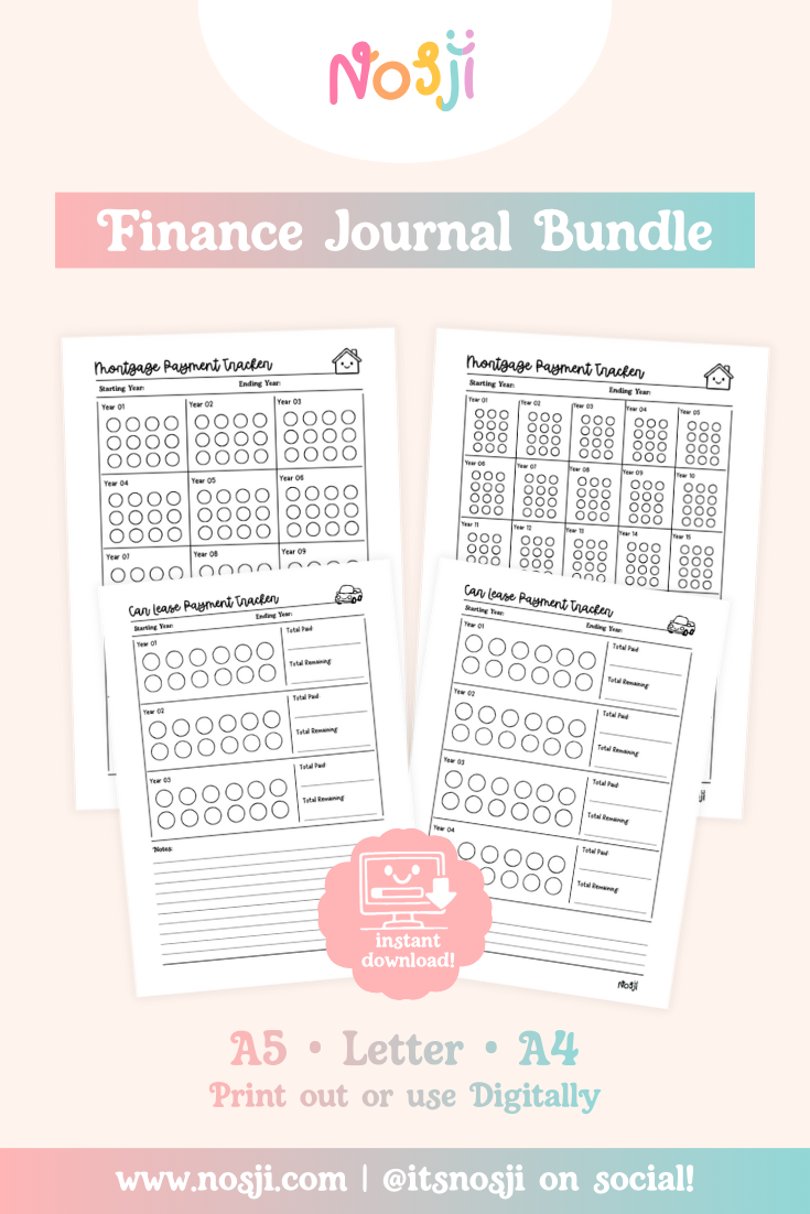 Finance journal bundle with mortgage and car lease payment tracking pages for long-term financial goals