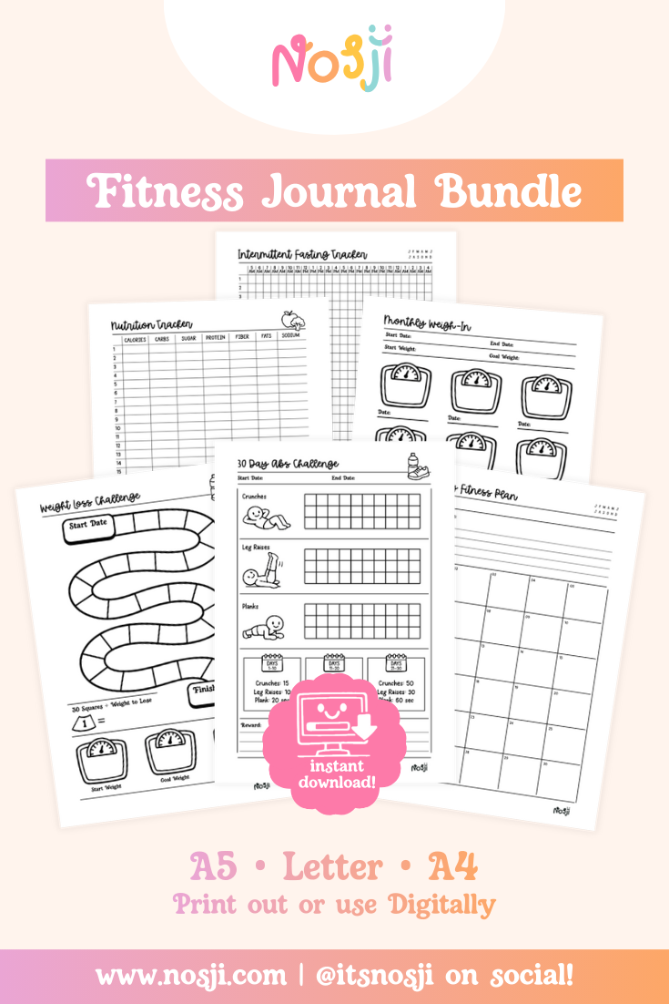 Fitness journal bundle with workout, nutrition, weight tracking, and challenge pages