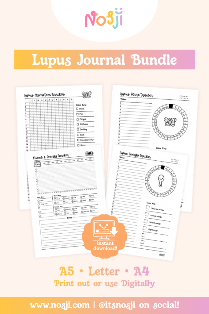 Lupus journal bundle with symptom, flare, energy, and mood tracking pages for chronic illness management