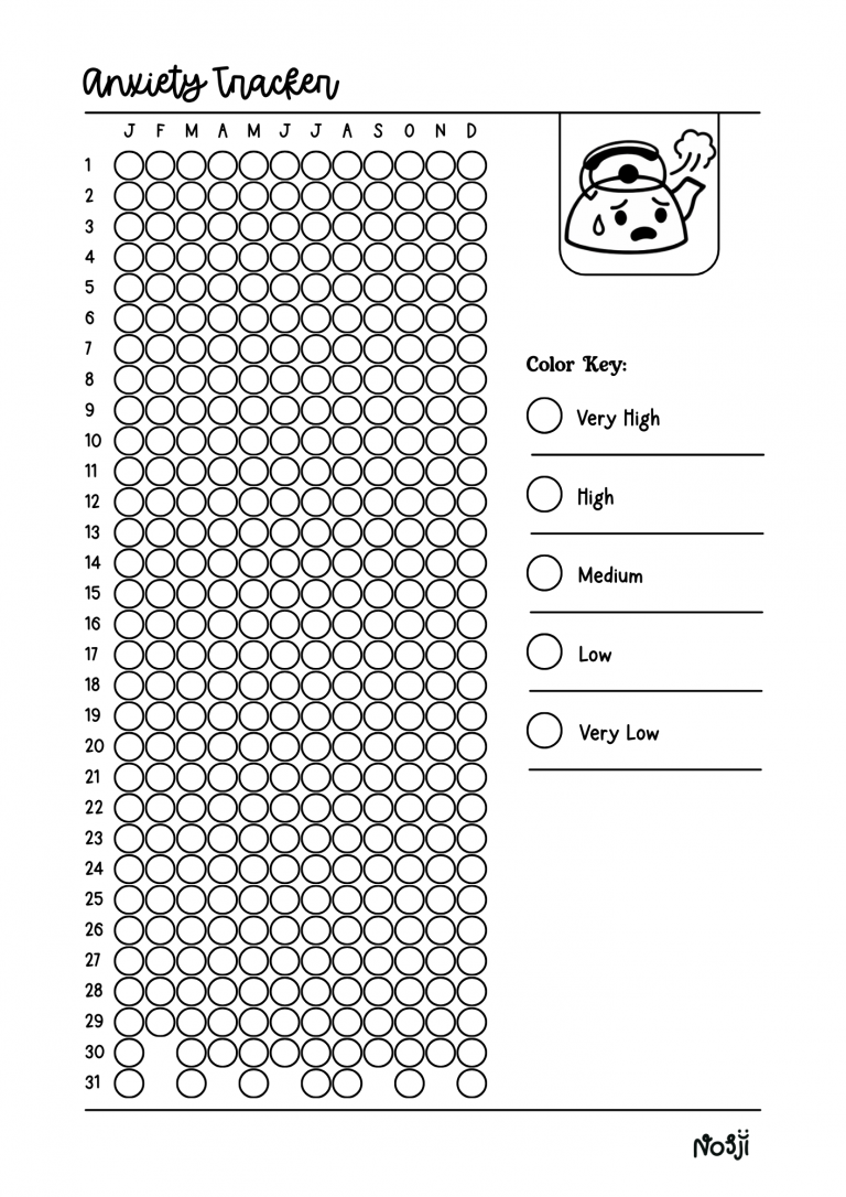 Bubble anxiety tracker printable with circular daily markers, month-labeled columns, and an anxiety level key on the side.