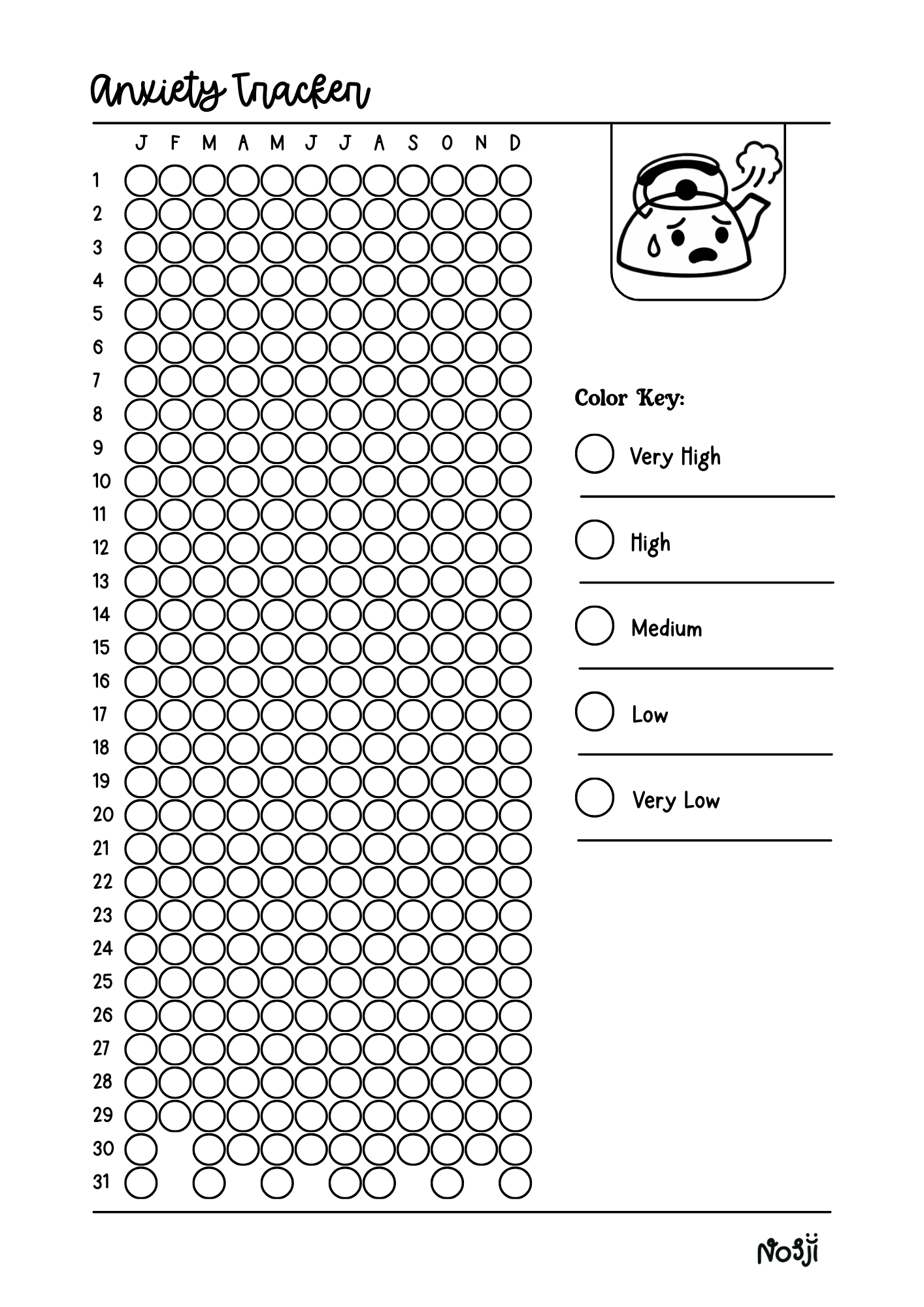 Bubble anxiety tracker printable with circular daily markers, month-labeled columns, and an anxiety level key on the side.