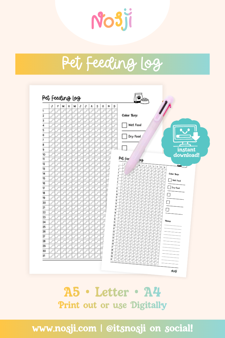 Pet feeding log with yearly grid and color-coded key for tracking food types throughout the year