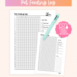 Pet feeding tracker with monthly checkboxes for wet food, dry food, water, canned food, and toppers