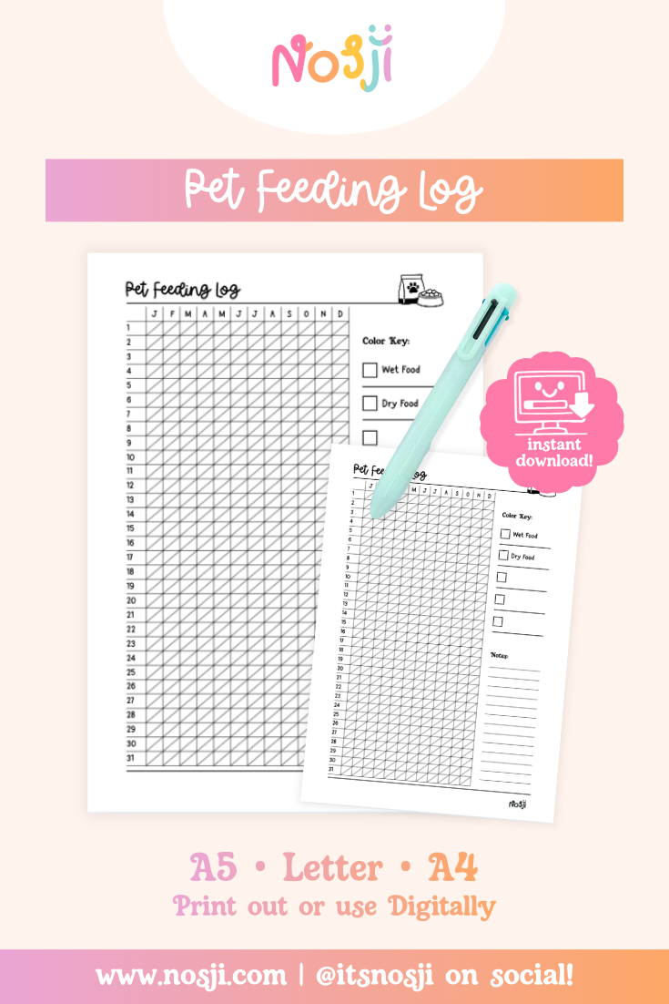 Pet feeding tracker with monthly checkboxes for wet food, dry food, water, canned food, and toppers
