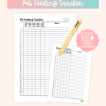 Pet feeding tracker with monthly grid for tracking wet food, dry food, water, canned food, and toppers
