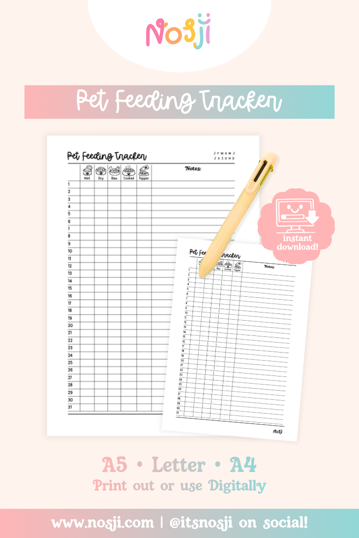 Pet feeding tracker with monthly grid for tracking wet food, dry food, water, canned food, and toppers