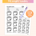 Pet weight tracker with scale icons and spaces to record date and weight for tracking pet health