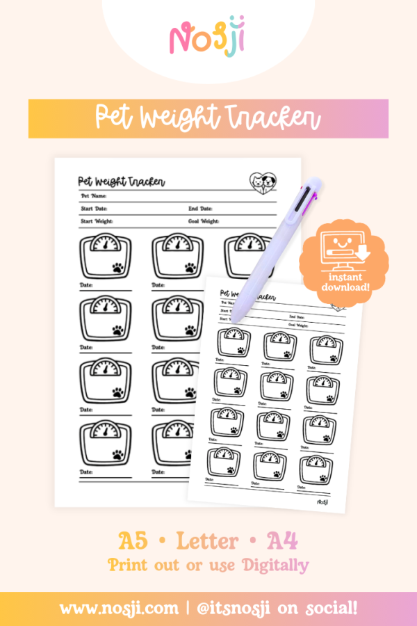 Nosji - Bullet Journal Page - Pet Weight Tracker Pet weight tracker with scale icons and spaces to record date and weight for tracking pet health