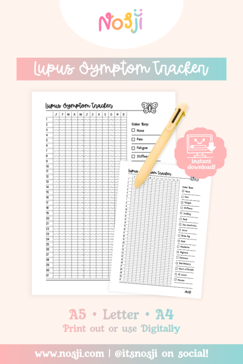 Nosji - Bullet Journal Pages - Lupus Symptom Tracker Lupus symptom tracker with yearly grid and comprehensive color-coded key for tracking 16 different symptoms