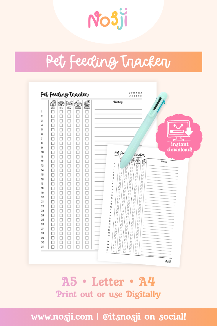 Pet feeding tracker with monthly checkboxes for wet food, dry food, water, canned food, and toppers