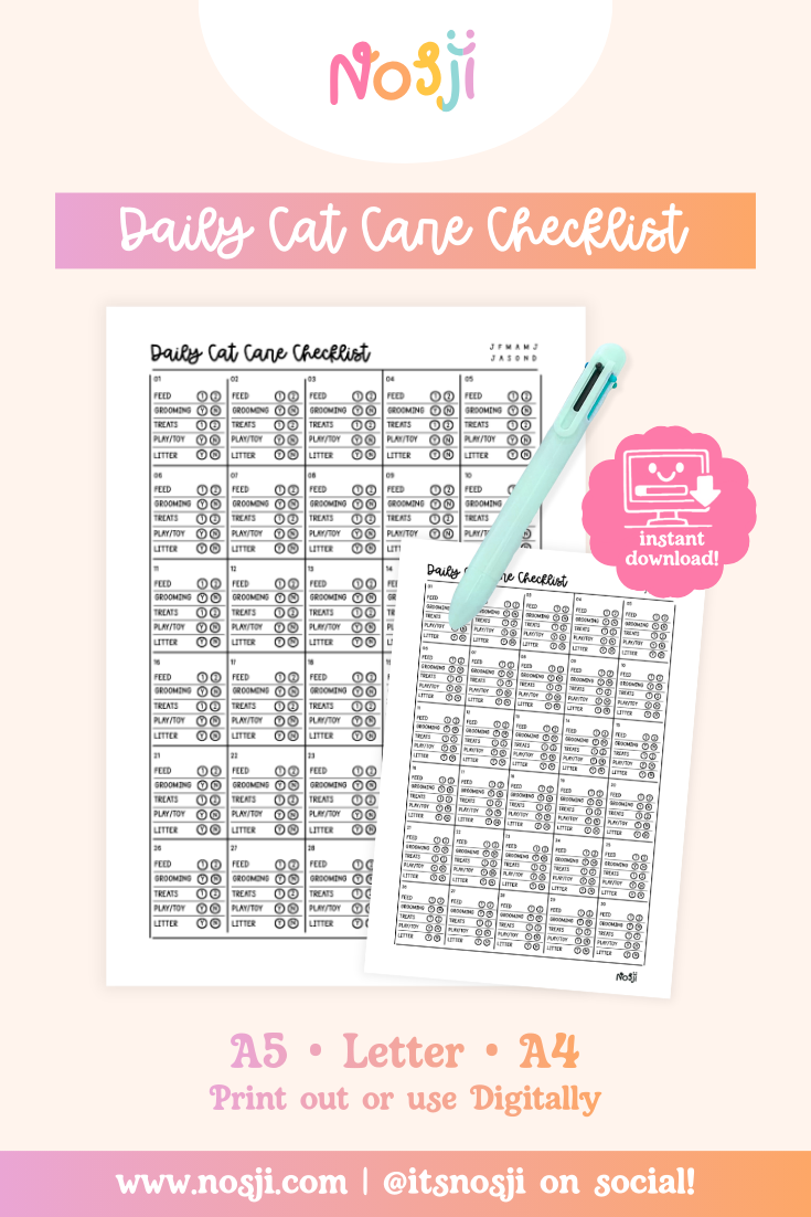 Daily cat care checklist with monthly AM and PM checkboxes for feeding, grooming, treats, playtime, and litter