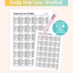 Daily dog care checklist with monthly AM and PM checkboxes for feeding, grooming, treats, playtime, and walks
