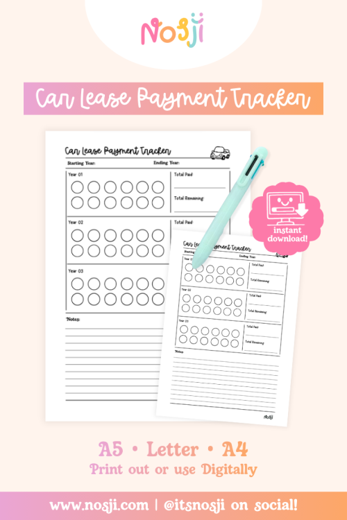 Nosji - Journal Pages - Car Lease Payment Tracker - 3 YR 3-year car lease payment tracker with monthly circles and total paid/remaining tracking for each year
