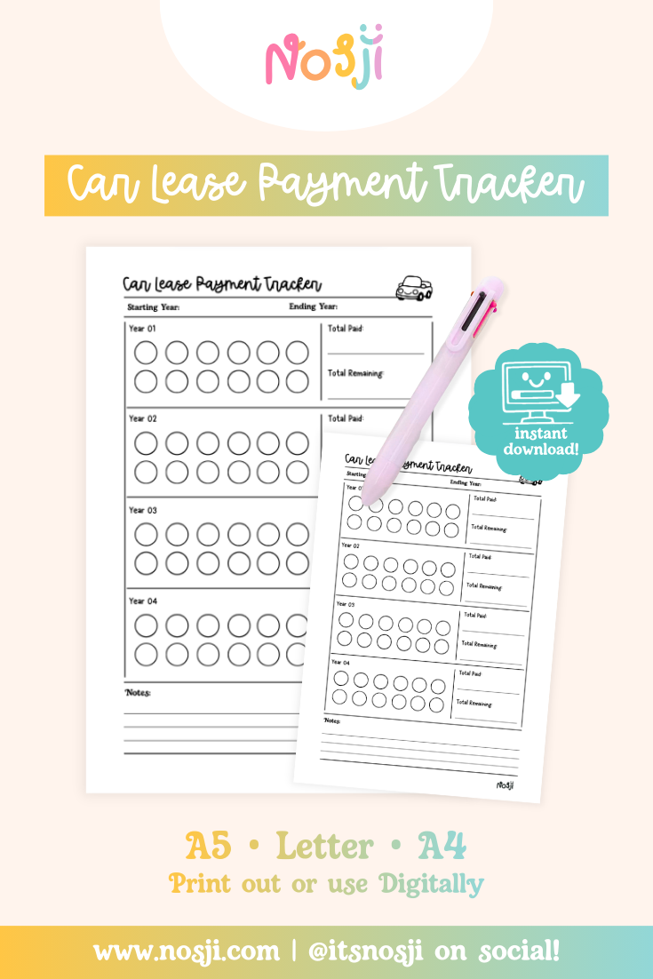 4-year car lease payment tracker with monthly circles and total paid/remaining tracking for each year