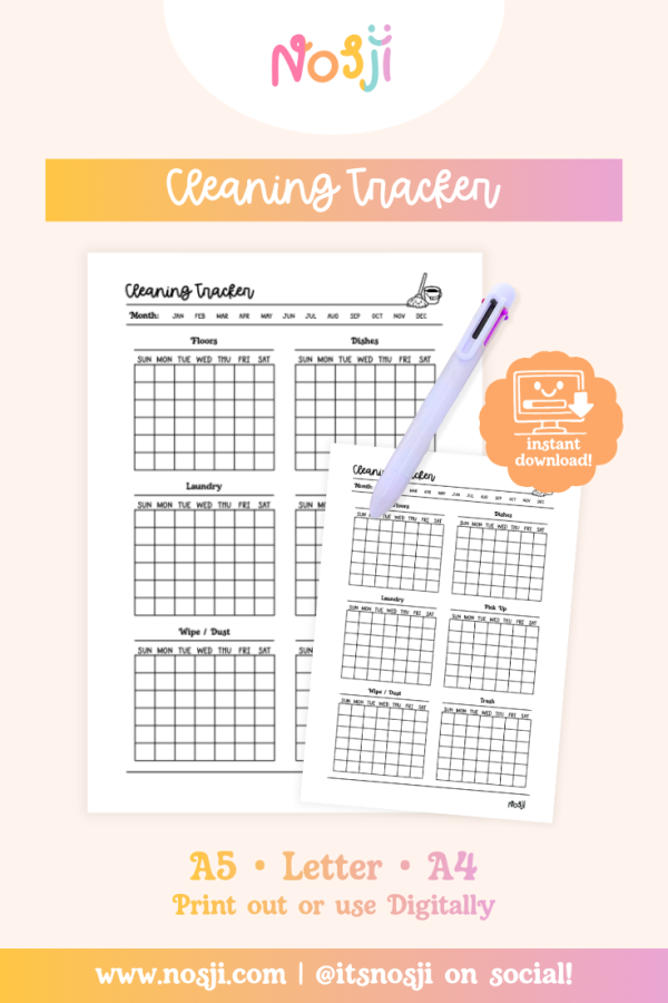 Nosji - Journal Pages - Cleaning Tracker Cleaning tracker with yearly weekly grids for tracking floors, dishes, laundry, wipe/dust, and trash