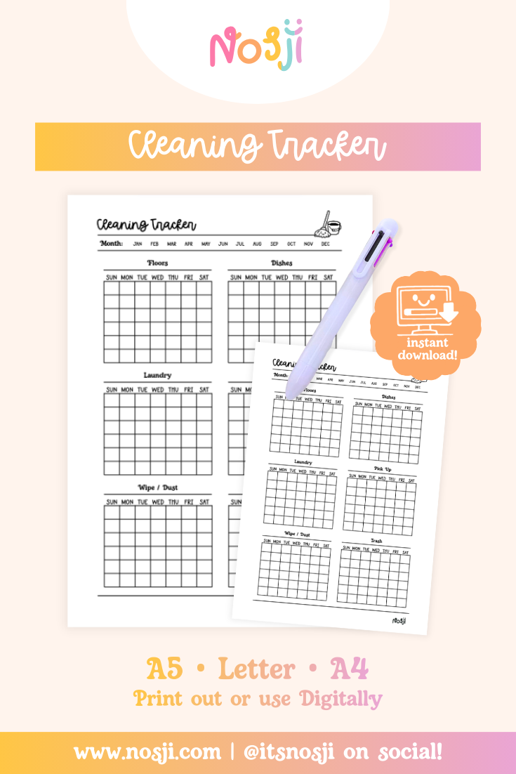 Cleaning tracker with yearly weekly grids for tracking floors, dishes, laundry, wipe/dust, and trash