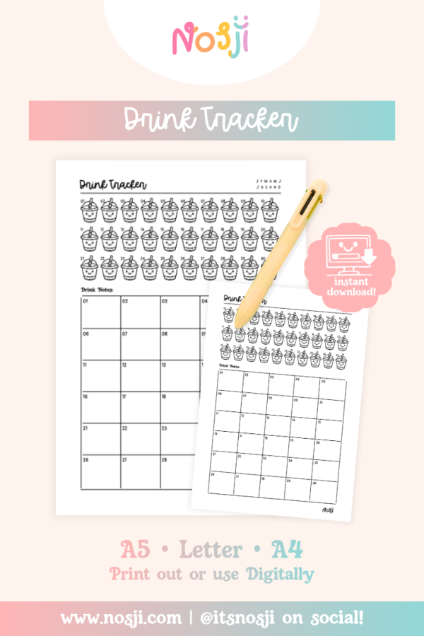 Nosji - Journal Pages - Drink Tracker Drink tracker with daily cup icons to color in and notes section for tracking beverage intake