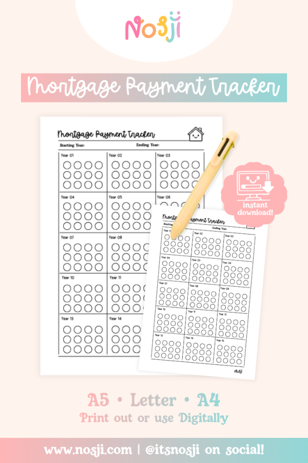 Nosji - Journal Pages - Mortgage Payment Tracker - 15 YR 15-year mortgage payment tracker with 12 monthly circles per year to color in as payments are made