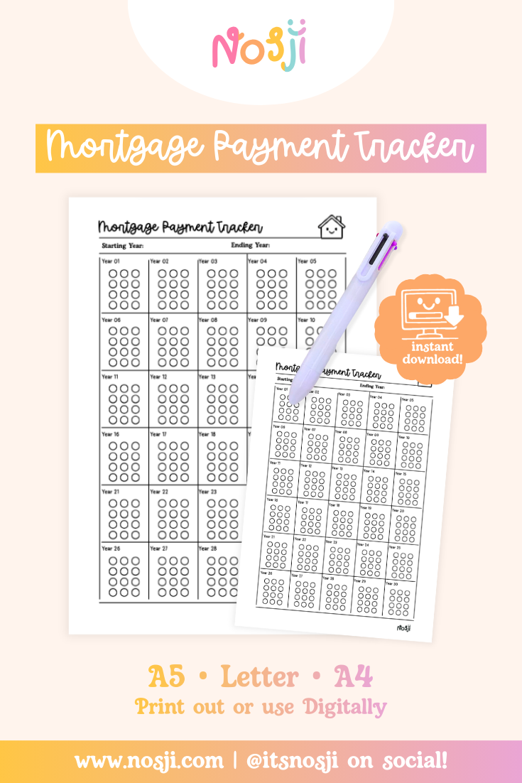 30-year mortgage payment tracker with 12 monthly circles per year to color in as payments are made