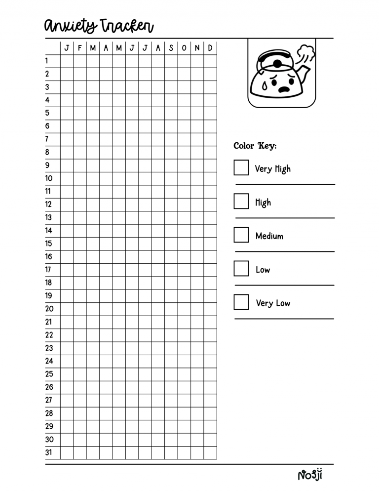 Anxiety tracker printable with a numbered daily grid, month-labeled columns, and an anxiety level key on the side.