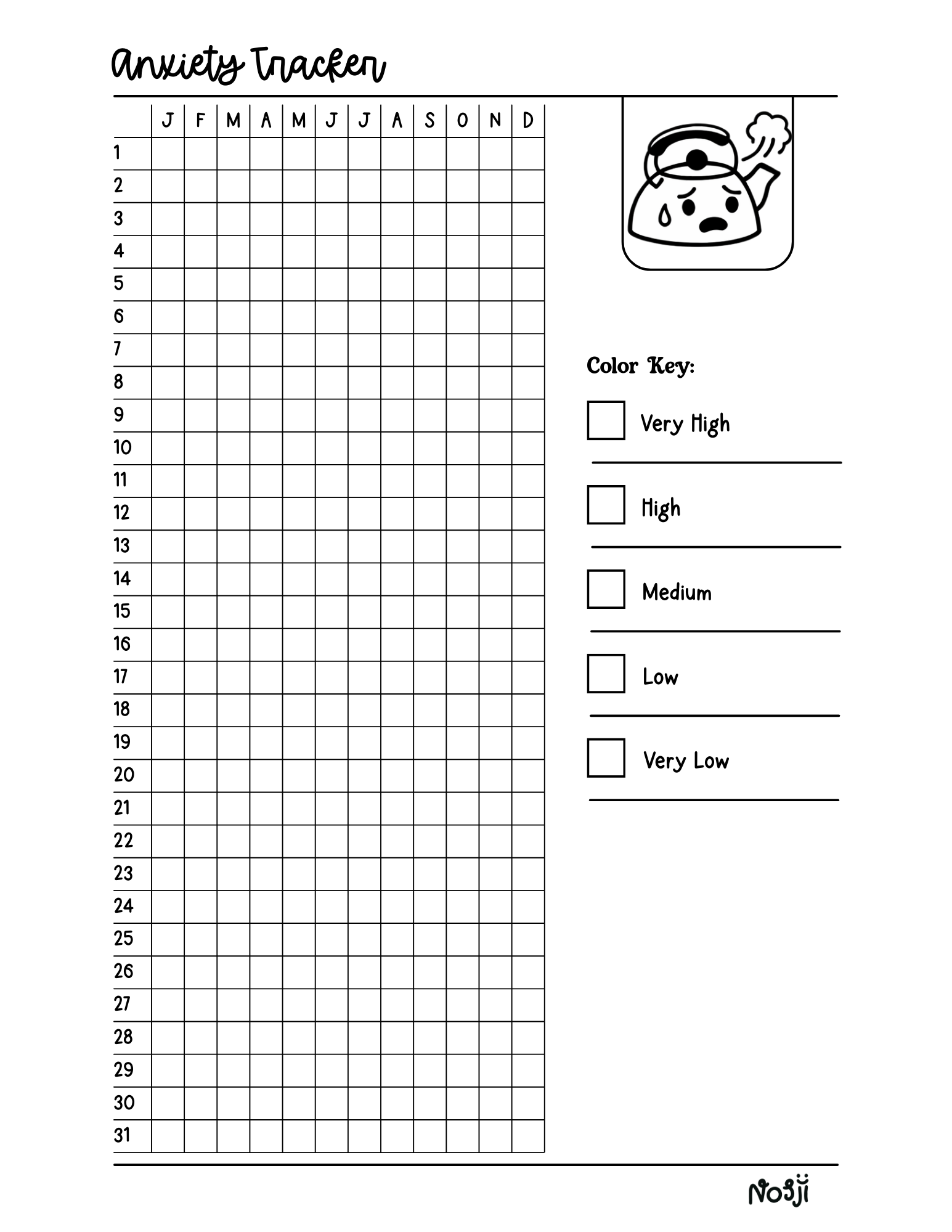 Anxiety tracker printable with a numbered daily grid, month-labeled columns, and an anxiety level key on the side.