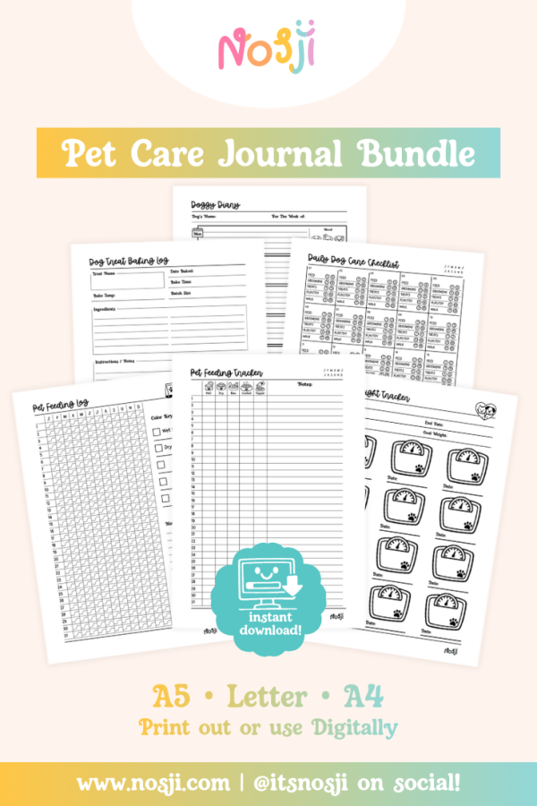 Pet Care Journal Bundle Pet care journal bundle with feeding, weight, daily care, and activity tracking pages for cats and dogs