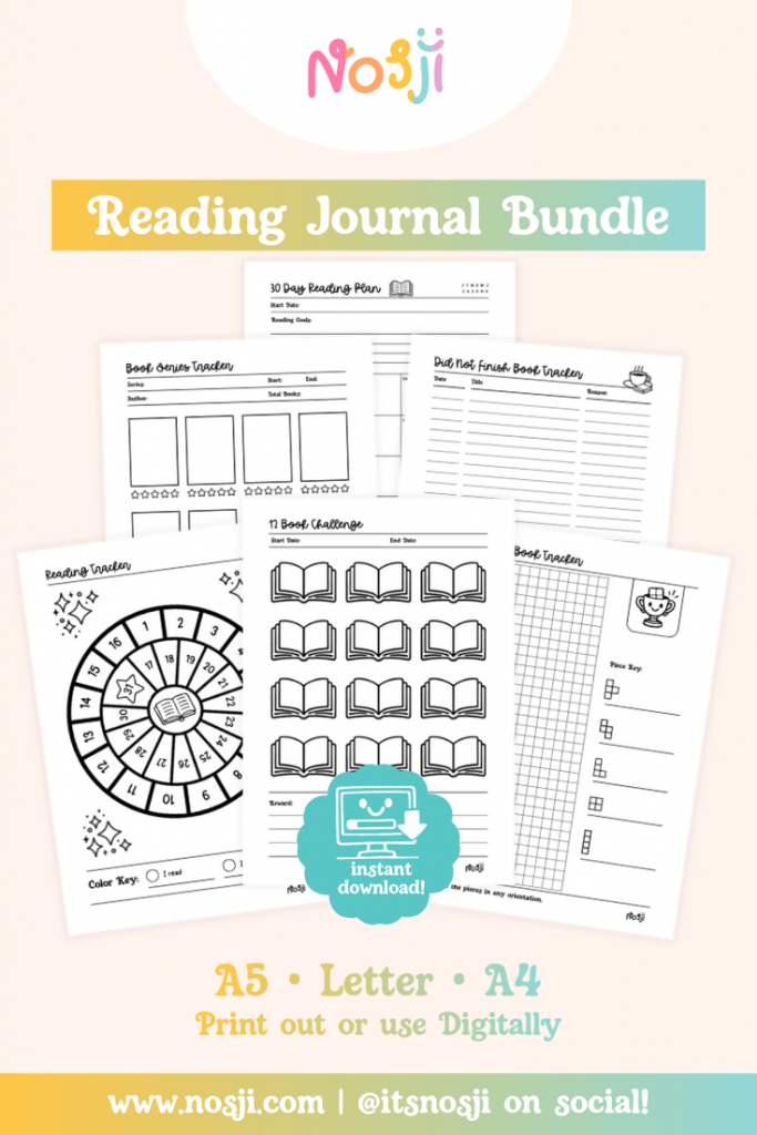Reading journal bundle with book tracking, challenges, series logs, and reading goal pages for book lovers