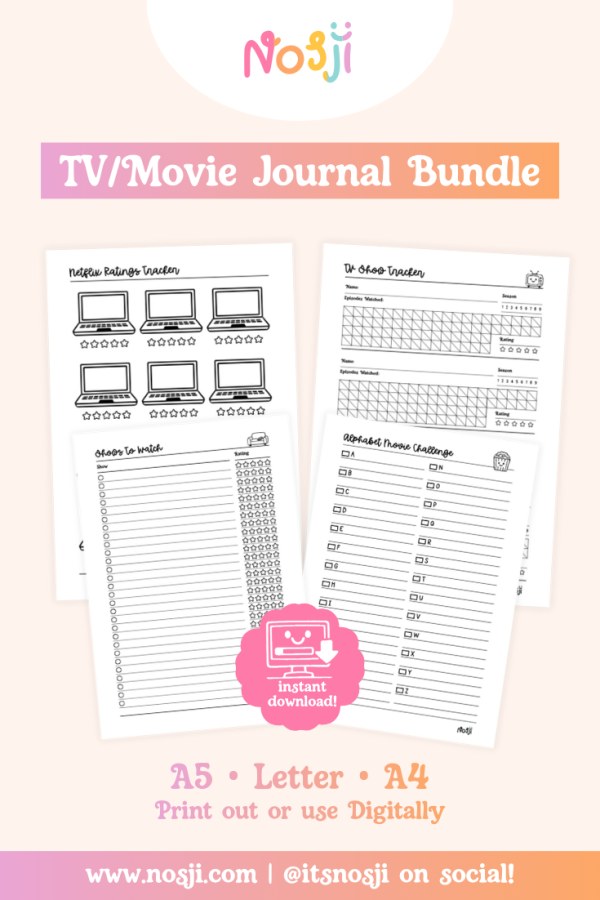 TV:Movie Journal Bundle TV and movie journal bundle with show tracking, ratings, watchlist, and challenge pages for entertainment enthusiasts