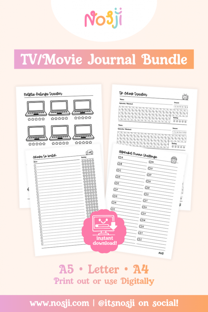 TV and movie journal bundle with show tracking, ratings, watchlist, and challenge pages for entertainment enthusiasts