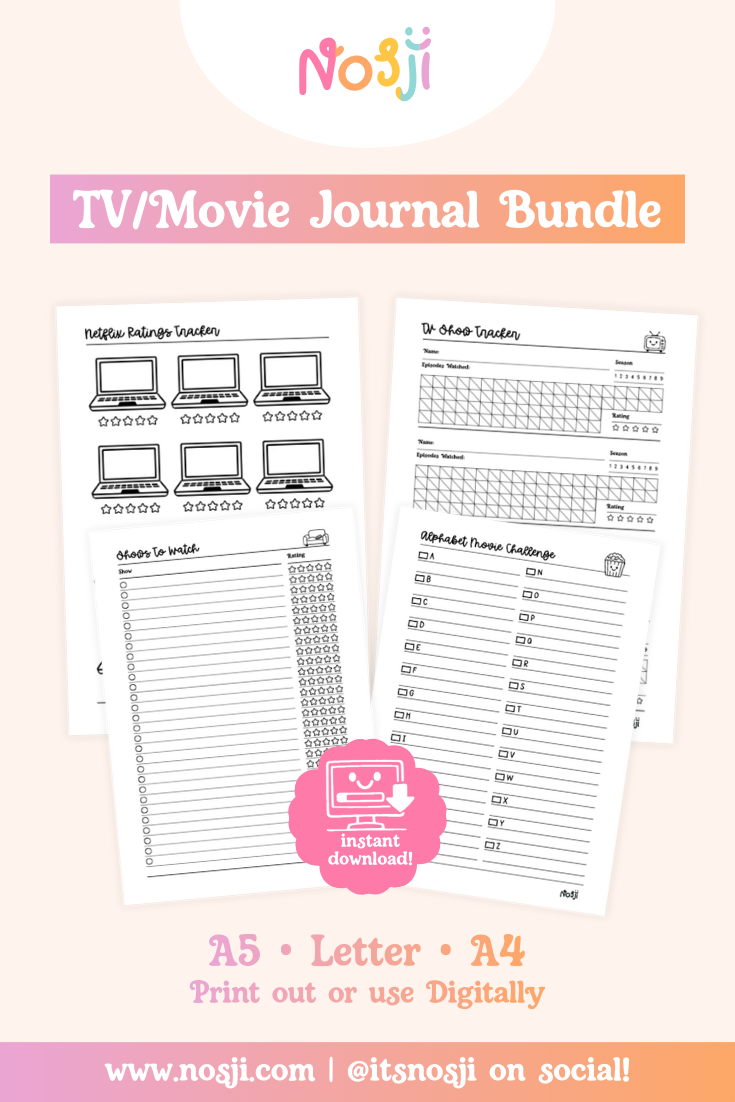 TV and movie journal bundle with show tracking, ratings, watchlist, and challenge pages for entertainment enthusiasts