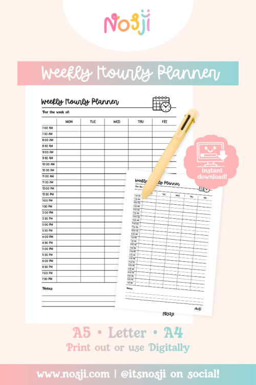 Weekly hourly planner printable with half-hour time slots for Monday through Friday and a notes section at the bottom.