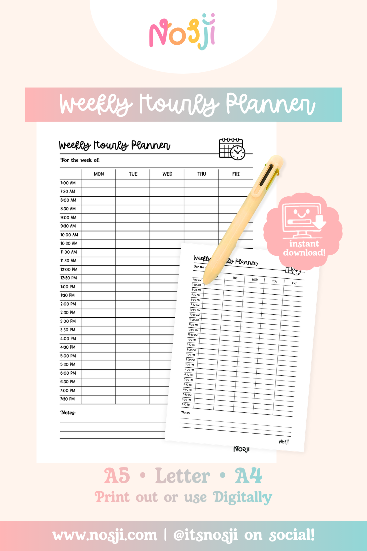 Weekly hourly planner printable with half-hour time slots for Monday through Friday and a notes section at the bottom.
