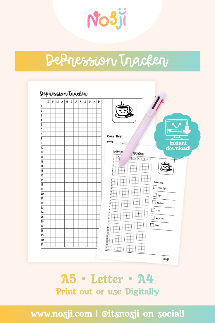 Depression tracker printable with a numbered daily grid, month-labeled columns, and a depression level key on the side.